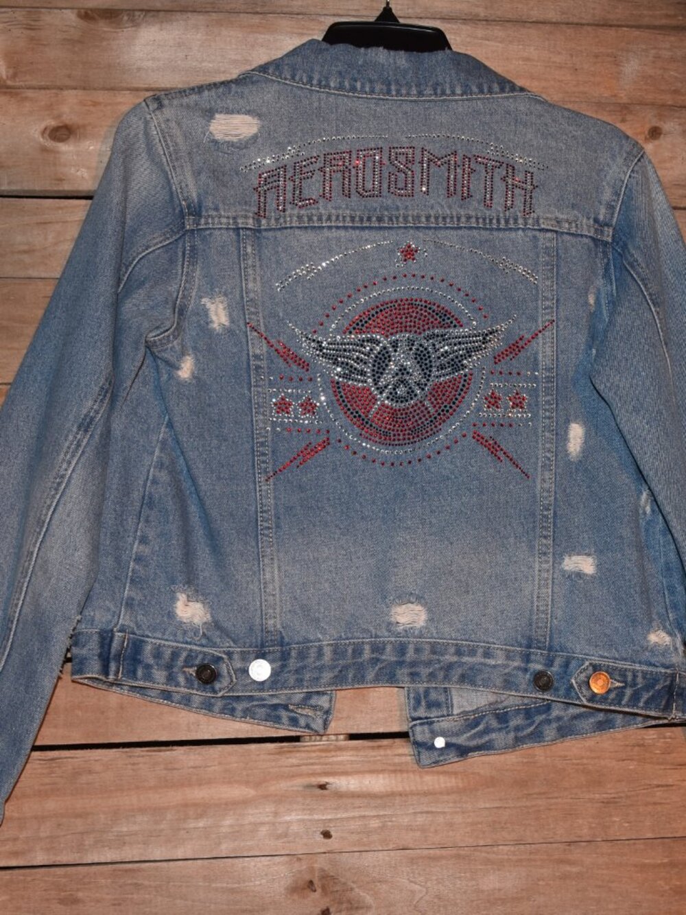 Aerosmith rhinestone bling distressed denim jacket size XS/Small